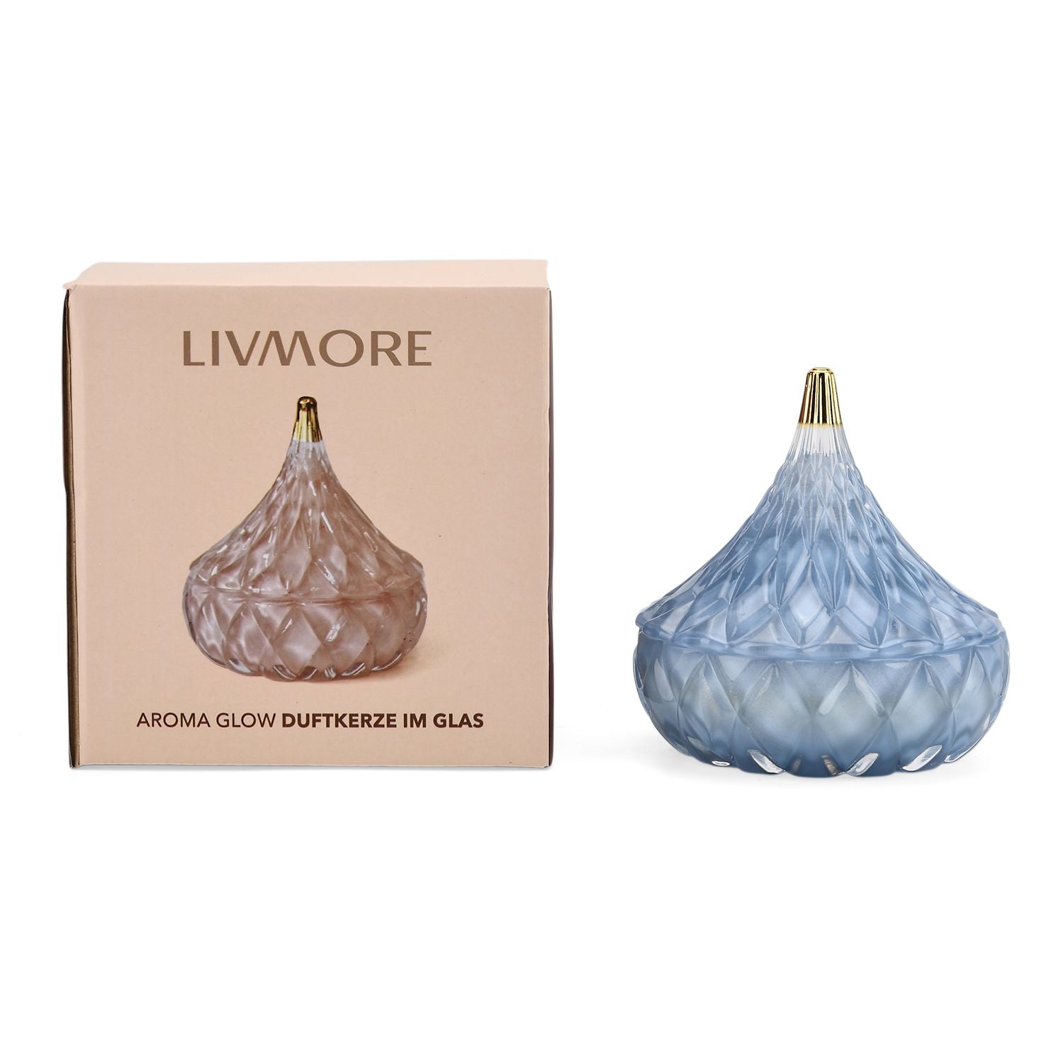 LIVMORE - Duftkerze Winterzauber-Design, 25 Std. Brenndauer, 150g, 4,5 ml ätherisches Öl, Amber und Pfingstrose, Blau