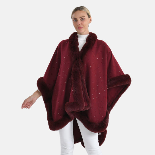 LA MAREY - Poncho mit Kunstfellbesatz und Kristall-Detail, Schwarz, Einheitsgröße