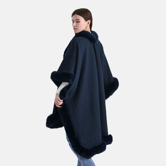LA MAREY - Poncho mit Kunstfellbesatz und Kristall-Detail, Schwarz, Einheitsgröße