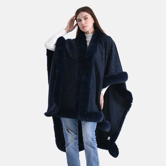LA MAREY - Poncho mit Kunstfellbesatz und Kristall-Detail, Schwarz, Einheitsgröße
