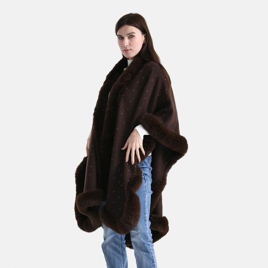 LA MAREY - Poncho mit Kunstfellbesatz und Kristall-Detail, Schwarz, Einheitsgröße