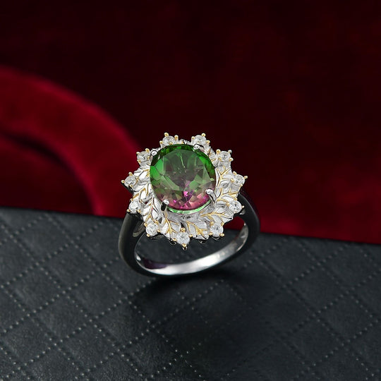 Bloomfire - D joy Wassermelonen Quarz Triplette, Weißer Zirkon Ring, 925 Silber platiniert und vergoldet (Größe 19.00) ca. 4.17 ct
