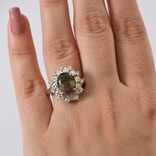 Bloomfire - D joy Wassermelonen Quarz Triplette, Weißer Zirkon Ring, 925 Silber platiniert und vergoldet (Größe 19.00) ca. 4.17 ct