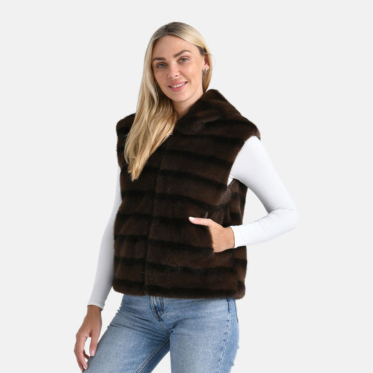 Weste mit Kapuze aus Webpelz, Einheitsgröße, Beige