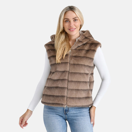 Weste mit Kapuze aus Webpelz, Einheitsgröße, Beige