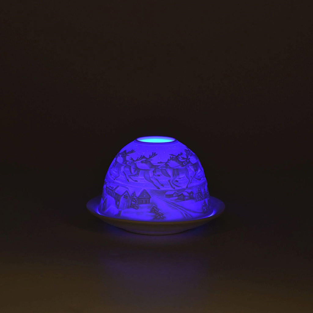 LED-Porzellan-Teelichthalter - Motiv Weihnachtsmann und Rentier, 13-Farben-LED mit Fernbedienung, Durchmesser 10,5 cm, Höhe 7,5 cm