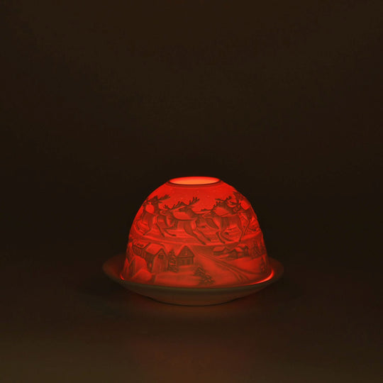 LED-Porzellan-Teelichthalter - Motiv Weihnachtsmann und Rentier, 13-Farben-LED mit Fernbedienung, Durchmesser 10,5 cm, Höhe 7,5 cm