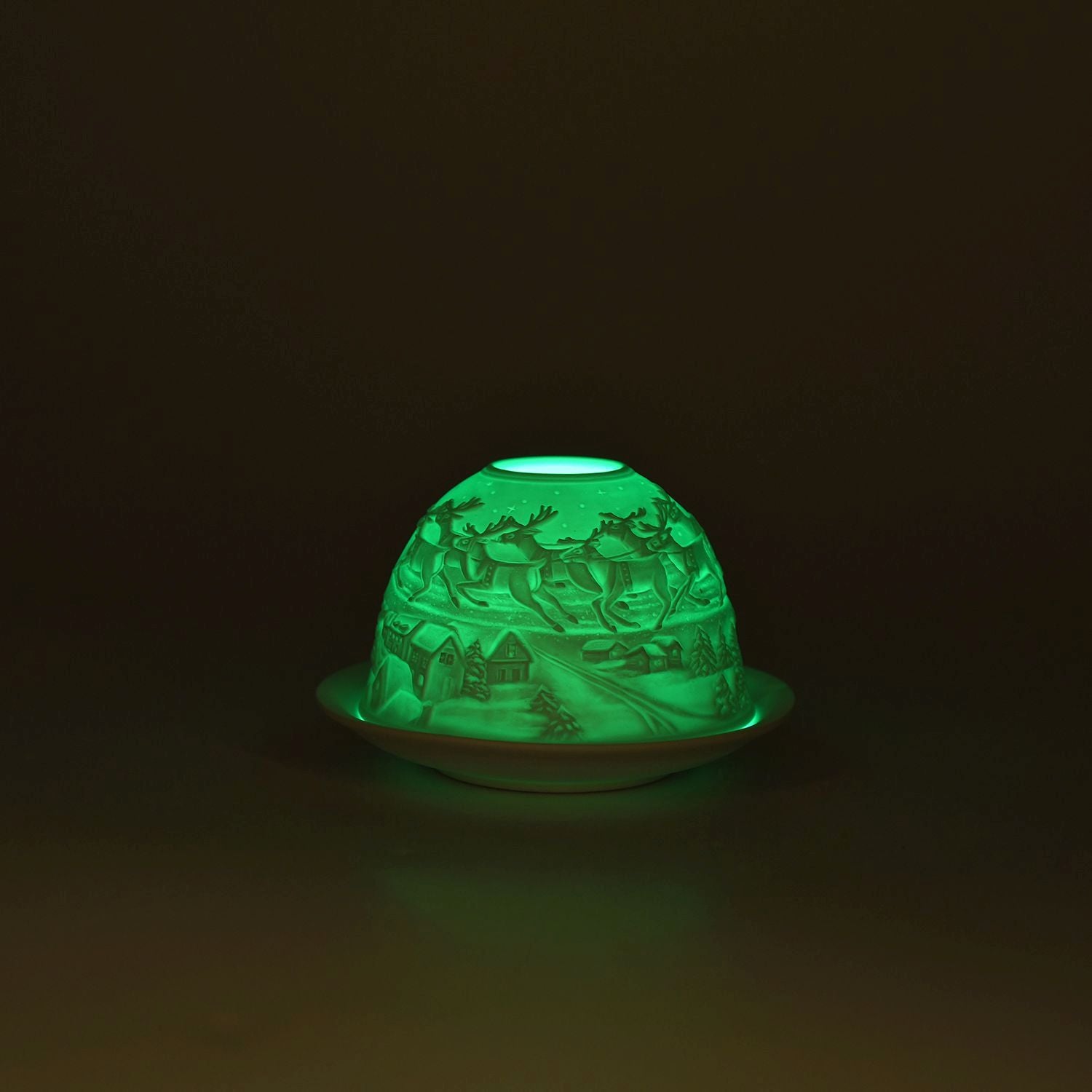 LED-Porzellan-Teelichthalter - Motiv Weihnachtsmann und Rentier, 13-Farben-LED mit Fernbedienung, Durchmesser 10,5 cm, Höhe 7,5 cm
