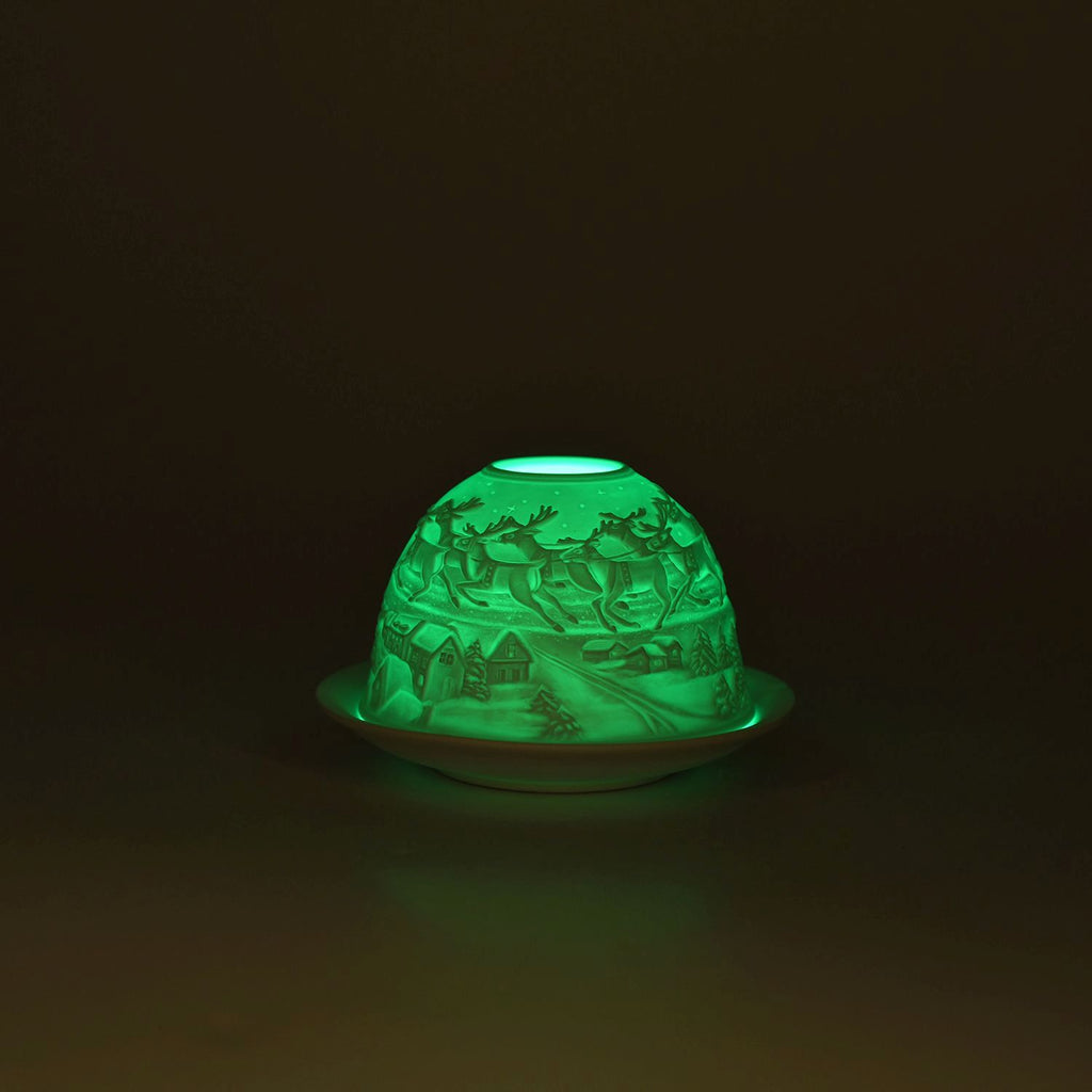 LED-Porzellan-Teelichthalter - Motiv Weihnachtsmann und Rentier, 13-Farben-LED mit Fernbedienung, Durchmesser 10,5 cm, Höhe 7,5 cm