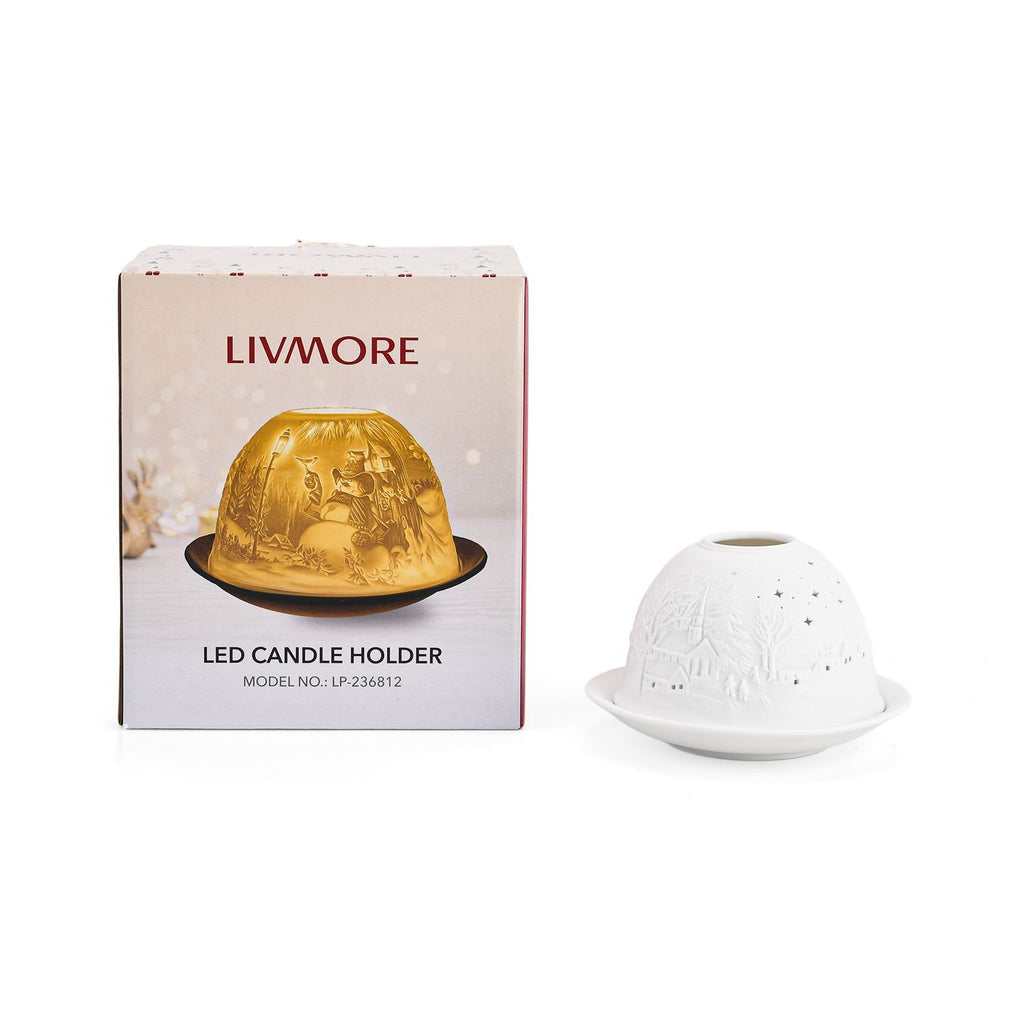 LED-Porzellan-Teelichthalter - Motiv Winterkapelle, 13-Farben-LED mit Fernbedienung, Durchmesser 10,5 cm, Höhe 7,5 cm