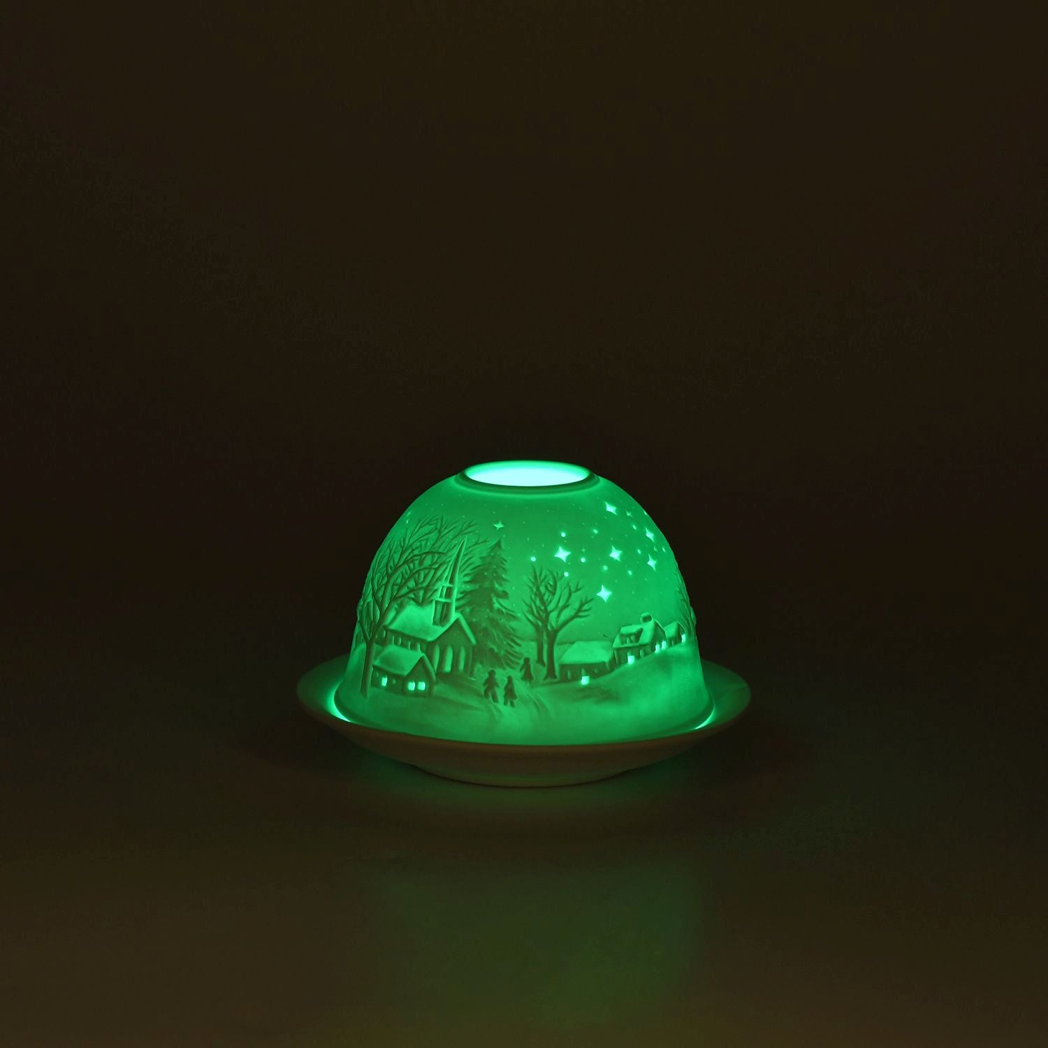 LED-Porzellan-Teelichthalter - Motiv Winterkapelle, 13-Farben-LED mit Fernbedienung, Durchmesser 10,5 cm, Höhe 7,5 cm