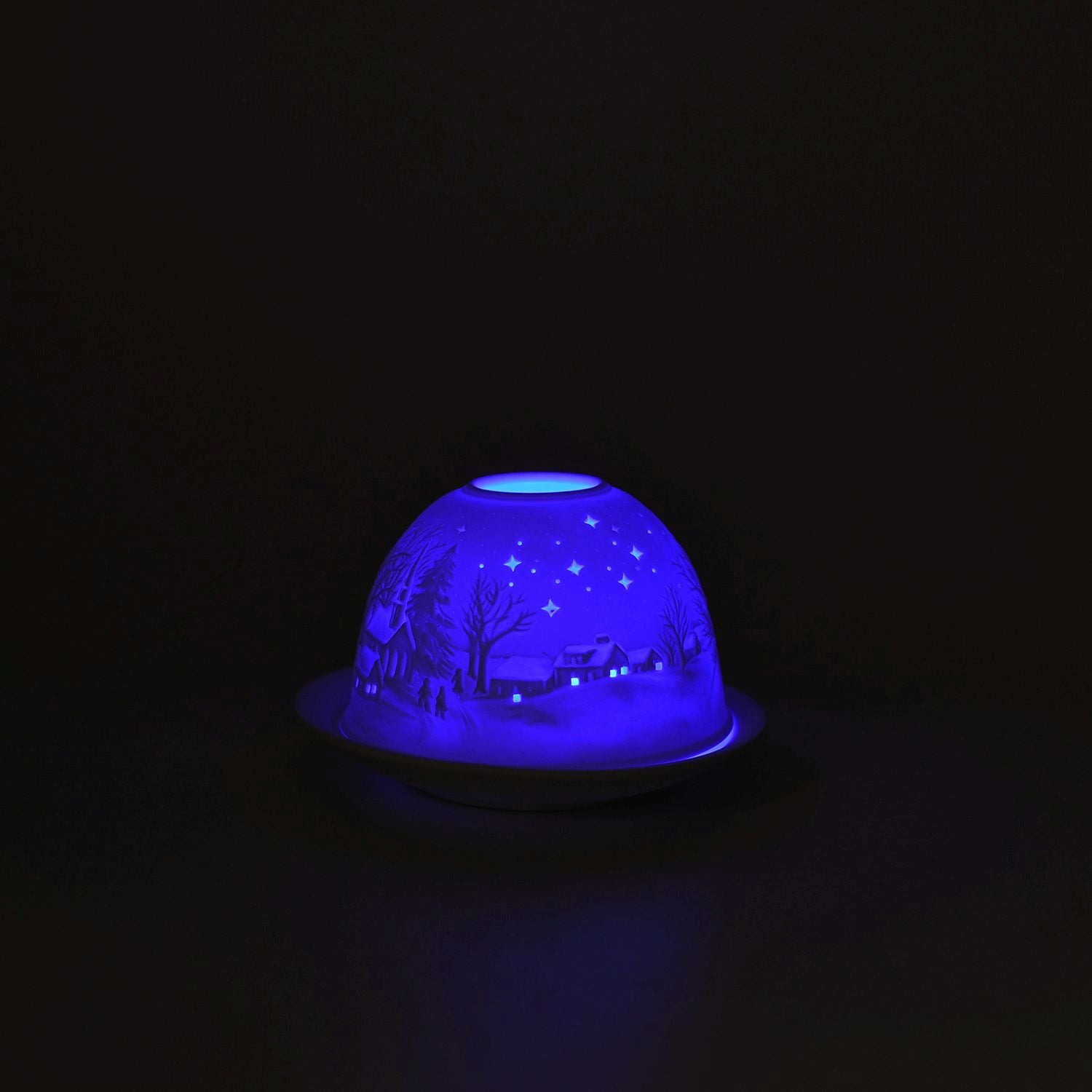 LED-Porzellan-Teelichthalter - Motiv Winterkapelle, 13-Farben-LED mit Fernbedienung, Durchmesser 10,5 cm, Höhe 7,5 cm