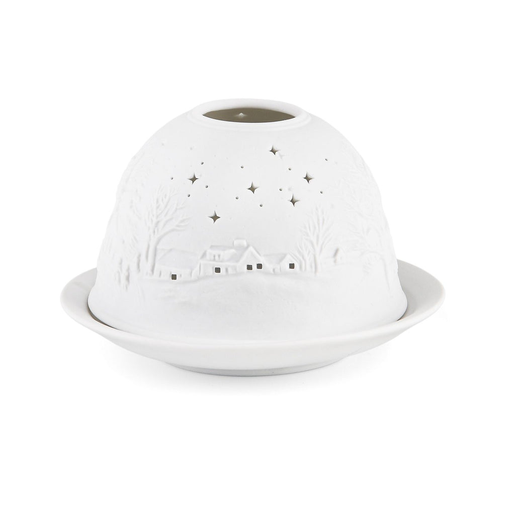 LED-Porzellan-Teelichthalter - Motiv Winterkapelle, 13-Farben-LED mit Fernbedienung, Durchmesser 10,5 cm, Höhe 7,5 cm