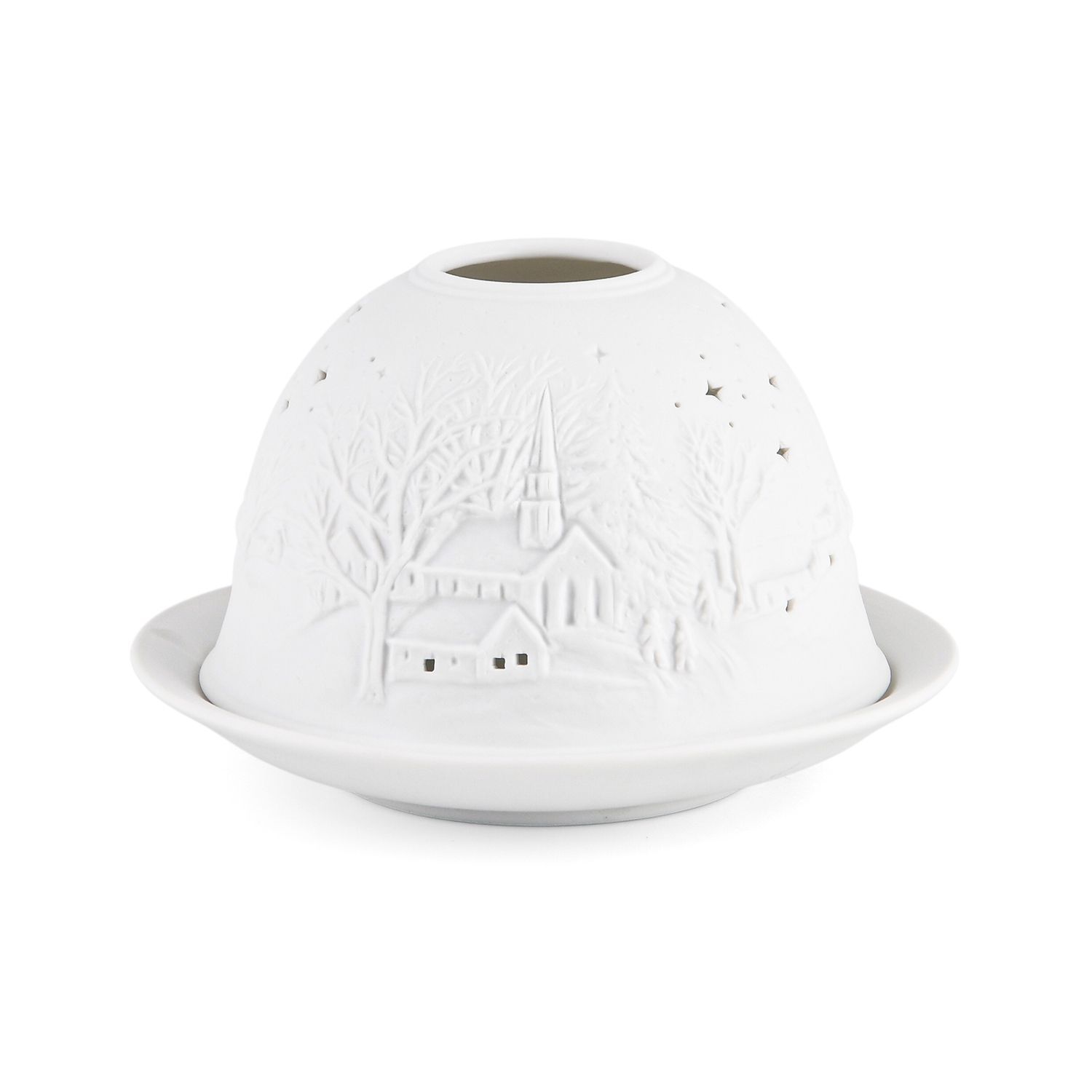 LED-Porzellan-Teelichthalter - Motiv Winterkapelle, 13-Farben-LED mit Fernbedienung, Durchmesser 10,5 cm, Höhe 7,5 cm