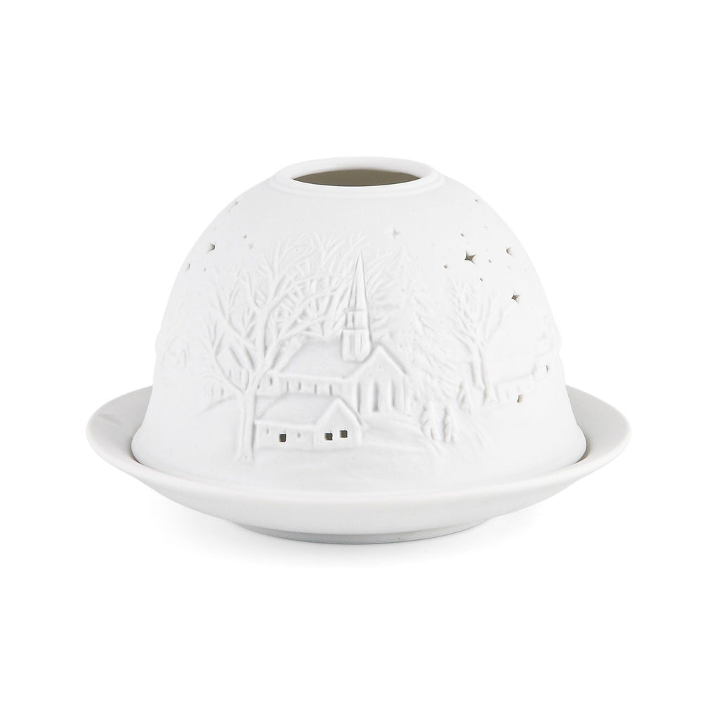 LED-Porzellan-Teelichthalter - Motiv Winterkapelle, 13-Farben-LED mit Fernbedienung, Durchmesser 10,5 cm, Höhe 7,5 cm