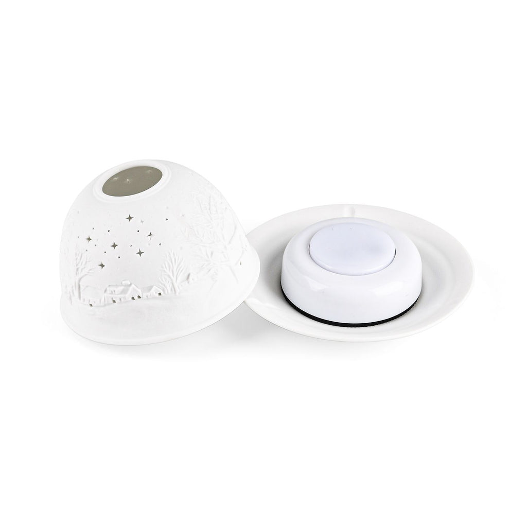 LED-Porzellan-Teelichthalter - Motiv Winterkapelle, 13-Farben-LED mit Fernbedienung, Durchmesser 10,5 cm, Höhe 7,5 cm