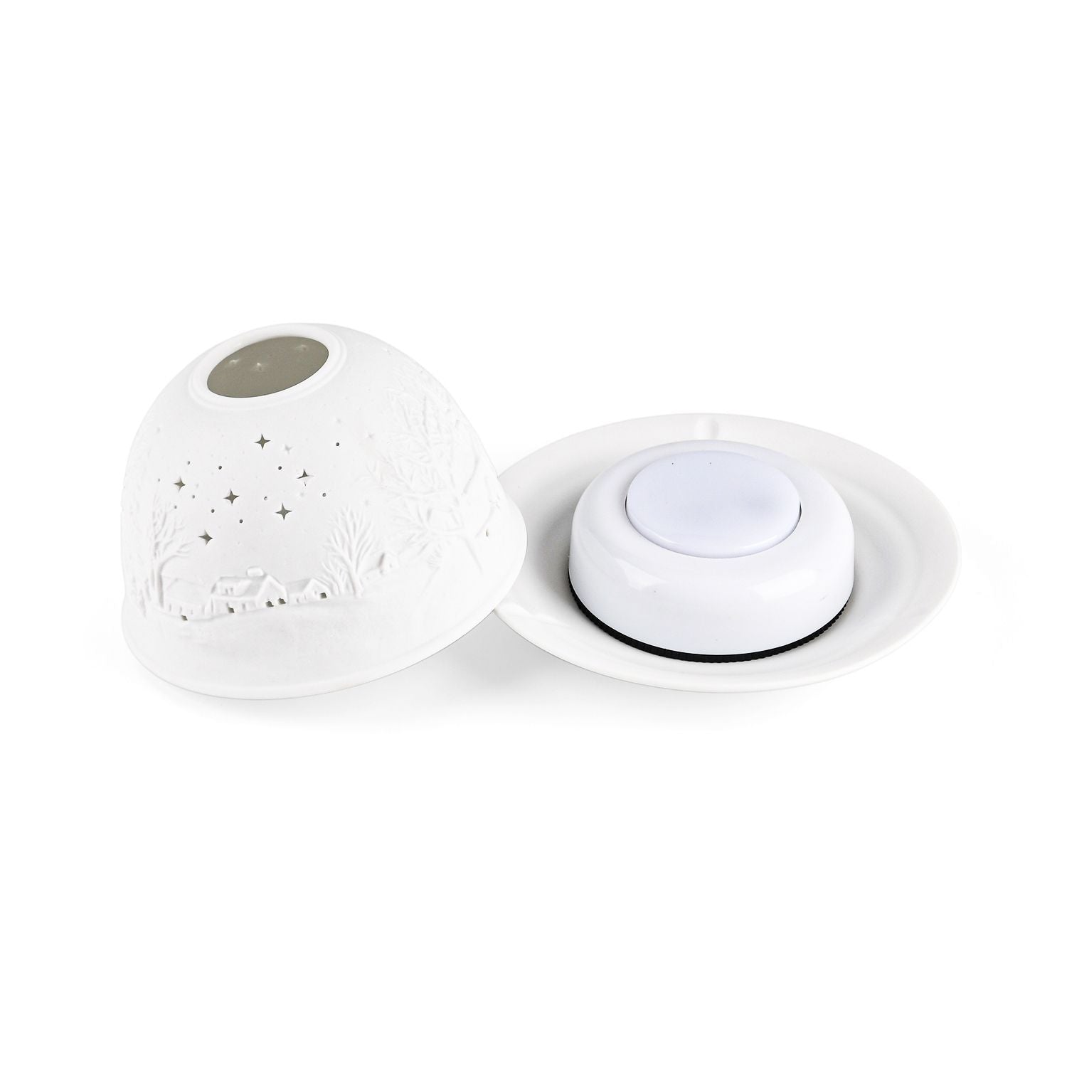 LED-Porzellan-Teelichthalter - Motiv Winterkapelle, 13-Farben-LED mit Fernbedienung, Durchmesser 10,5 cm, Höhe 7,5 cm