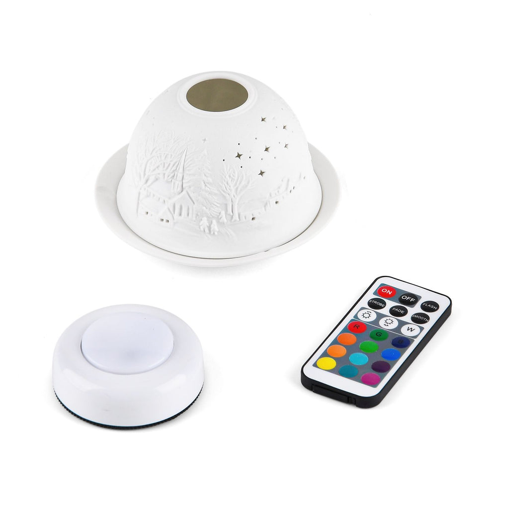 LED-Porzellan-Teelichthalter - Motiv Winterkapelle, 13-Farben-LED mit Fernbedienung, Durchmesser 10,5 cm, Höhe 7,5 cm