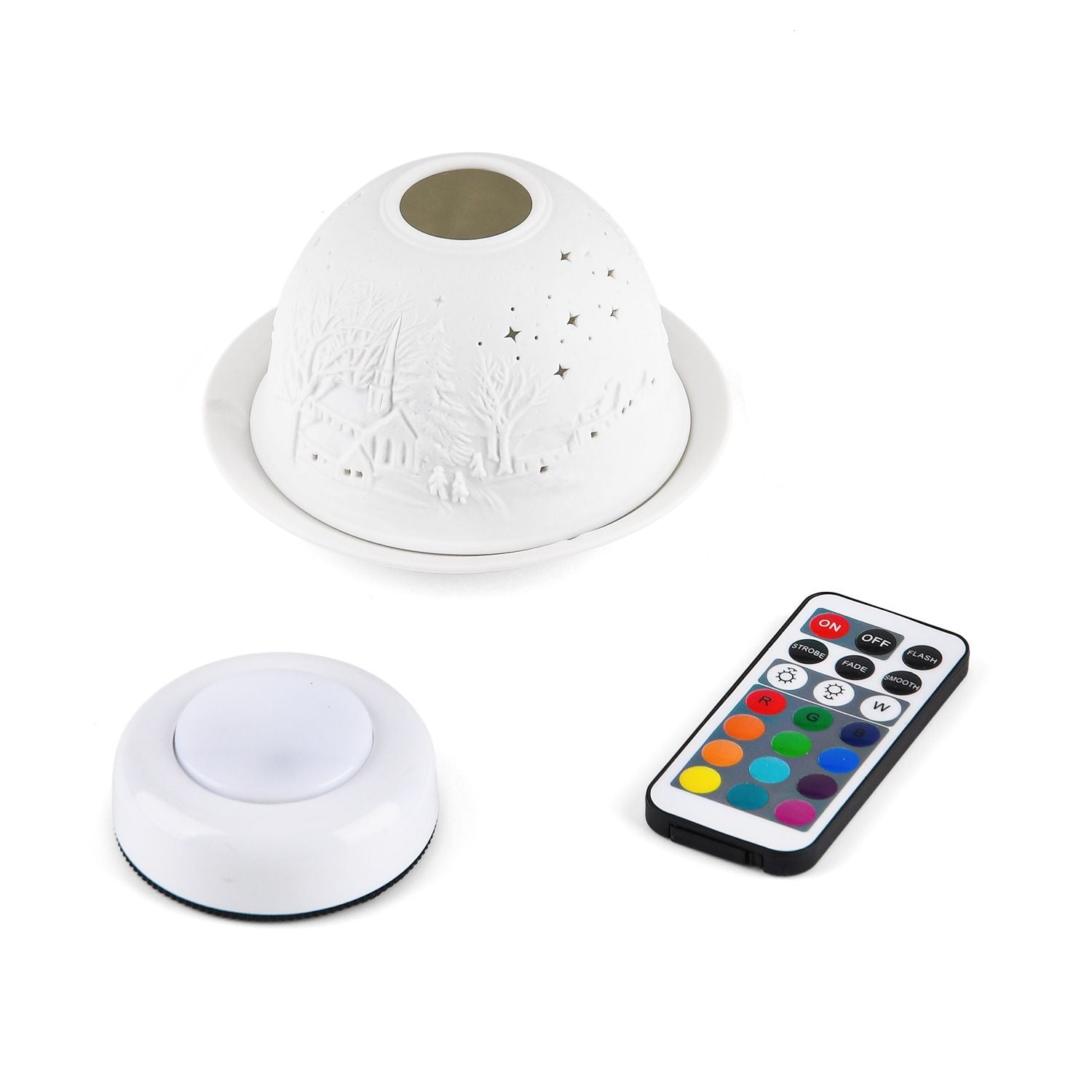 LED-Porzellan-Teelichthalter - Motiv Winterkapelle, 13-Farben-LED mit Fernbedienung, Durchmesser 10,5 cm, Höhe 7,5 cm