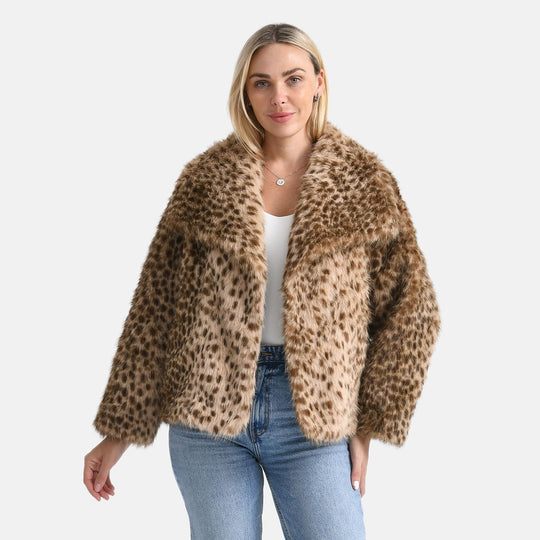LA MAREY Signature - Kurzjacke aus Webpelz mit Leopardenmuster, Einheitsgröße, Braun