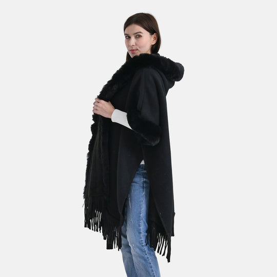 LA MAREY - Poncho aus Webpelz mit Fransen und Fleecefutter, Einheitsgröße, Beige