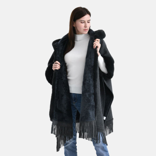 LA MAREY - Poncho aus Webpelz mit Fransen und Fleecefutter, Einheitsgröße, Beige