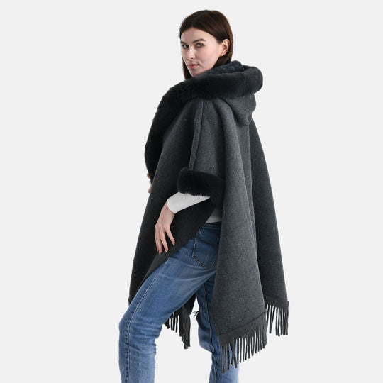 LA MAREY - Poncho aus Webpelz mit Fransen und Fleecefutter, Einheitsgröße, Beige