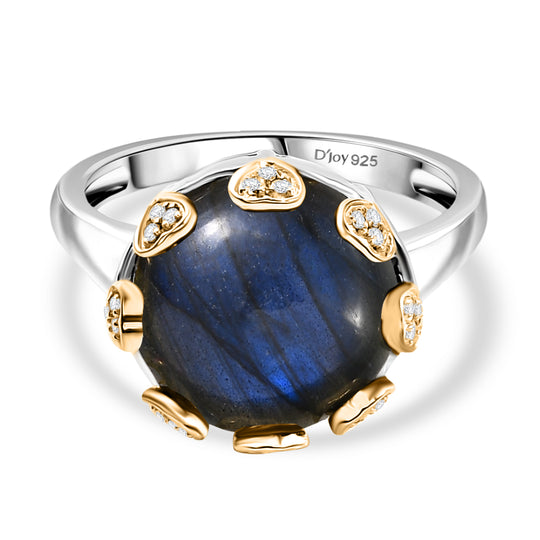 D'Joy AAA Labradorit, Weißer Zirkon Ring 925 Silber Rhodiniert und 750 Gelbgold Vermeil (Größe 17.00) ca. 12,96 ct
