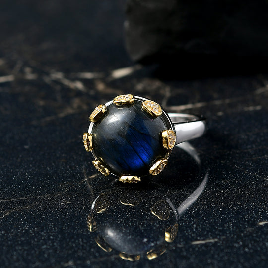 D'Joy AAA Labradorit, Weißer Zirkon Ring 925 Silber Rhodiniert und 750 Gelbgold Vermeil (Größe 17.00) ca. 12,96 ct