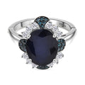 Masoala Saphir (Fissure gefüllt), Blauer Diamant Ring 925 Silber rhodiniert (Größe 18.00) ca. 8.50 ct