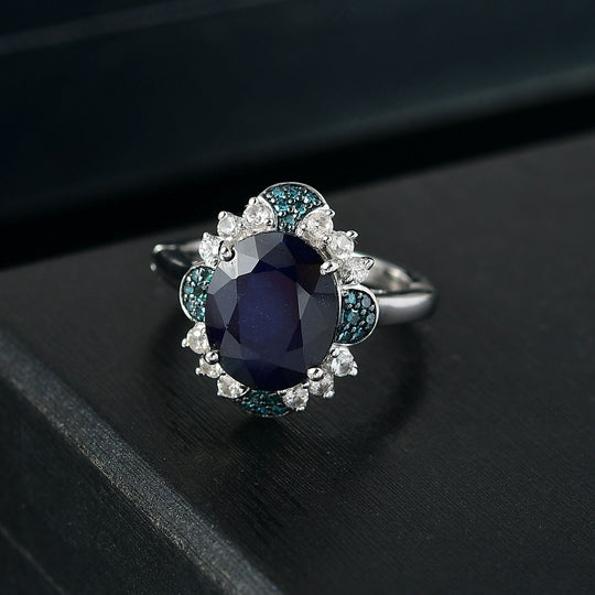 Masoala Saphir (Fissure gefüllt), Blauer Diamant Ring 925 Silber rhodiniert (Größe 18.00) ca. 8.50 ct