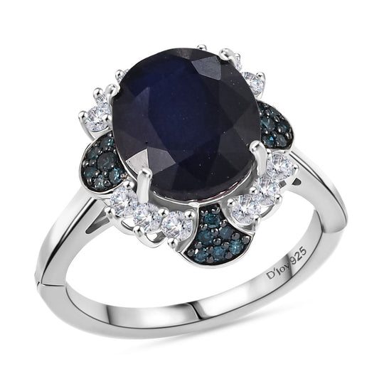Masoala Saphir (Fissure gefüllt), Blauer Diamant Ring 925 Silber rhodiniert (Größe 18.00) ca. 8.50 ct