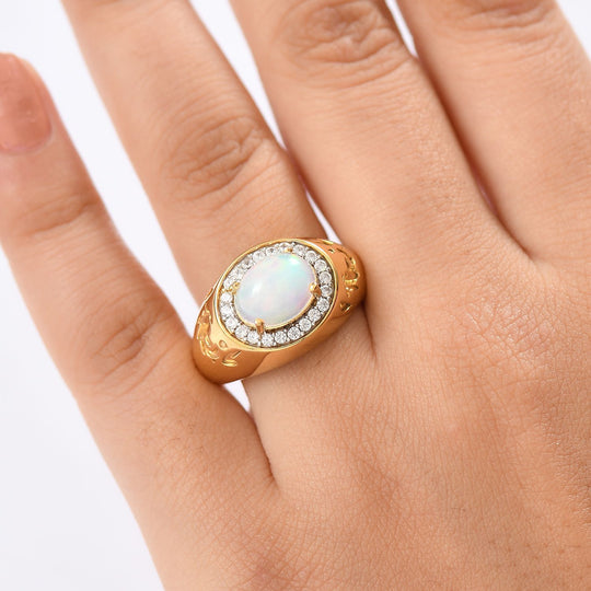 D'Joy AA Natürlicher, äthiopischer Welo Opal, Weißer Zirkon Ring 925 Silber 750 Gelbgold Vermeil (Größe 18.00) ca. 2,13 ct