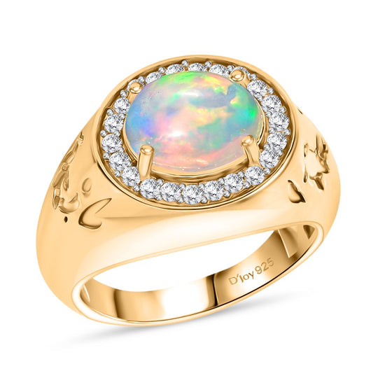 D'Joy AA Natürlicher, äthiopischer Welo Opal, Weißer Zirkon Ring 925 Silber 750 Gelbgold Vermeil (Größe 18.00) ca. 2,13 ct