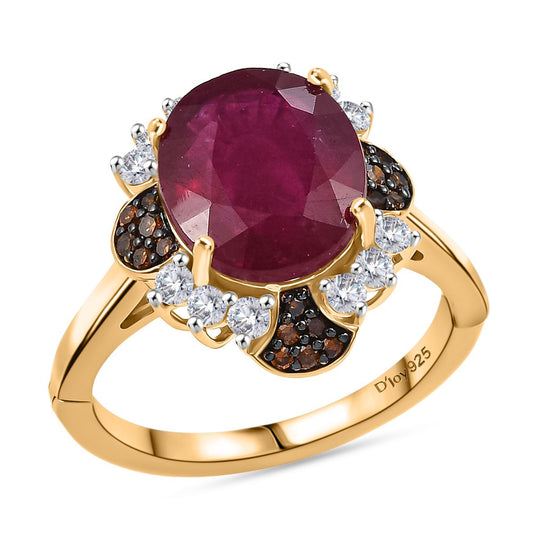 Afrikanischer Rubin (Fissure gefüllt), Roter Diamant Ring 925 Silber 750 Gelbgold Vermeil (Größe 19.00) ca. 7.69 ct