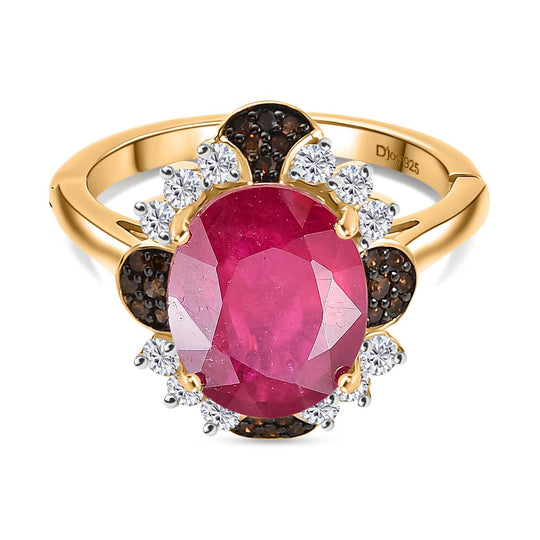 Afrikanischer Rubin (Fissure gefüllt), Roter Diamant Ring 925 Silber 750 Gelbgold Vermeil (Größe 19.00) ca. 7.69 ct