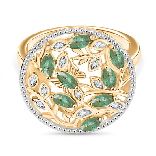 Djoy Kagem Sambischer Smaragd, Weißer Zirkon Ring 925 Silber 750 Gelb Vergoldet (Größe 19.00) ca. 0.66 ct
