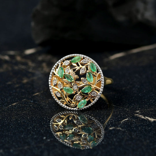 Djoy Kagem Sambischer Smaragd, Weißer Zirkon Ring 925 Silber 750 Gelb Vergoldet (Größe 19.00) ca. 0.66 ct