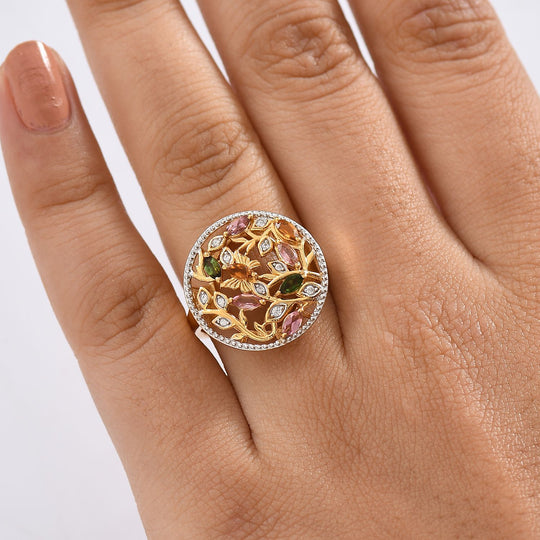D joy Mehrfarbiger-Turmalin, Weißer Zirkon Ring 925 Silber 750 Gelb Vergoldet (Größe 19.00) ca. 0.99 ct