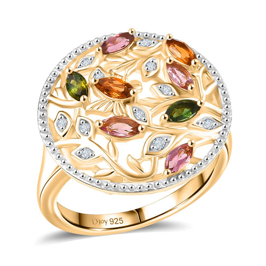 D joy Mehrfarbiger-Turmalin, Weißer Zirkon Ring 925 Silber 750 Gelb Vergoldet (Größe 19.00) ca. 0.99 ct