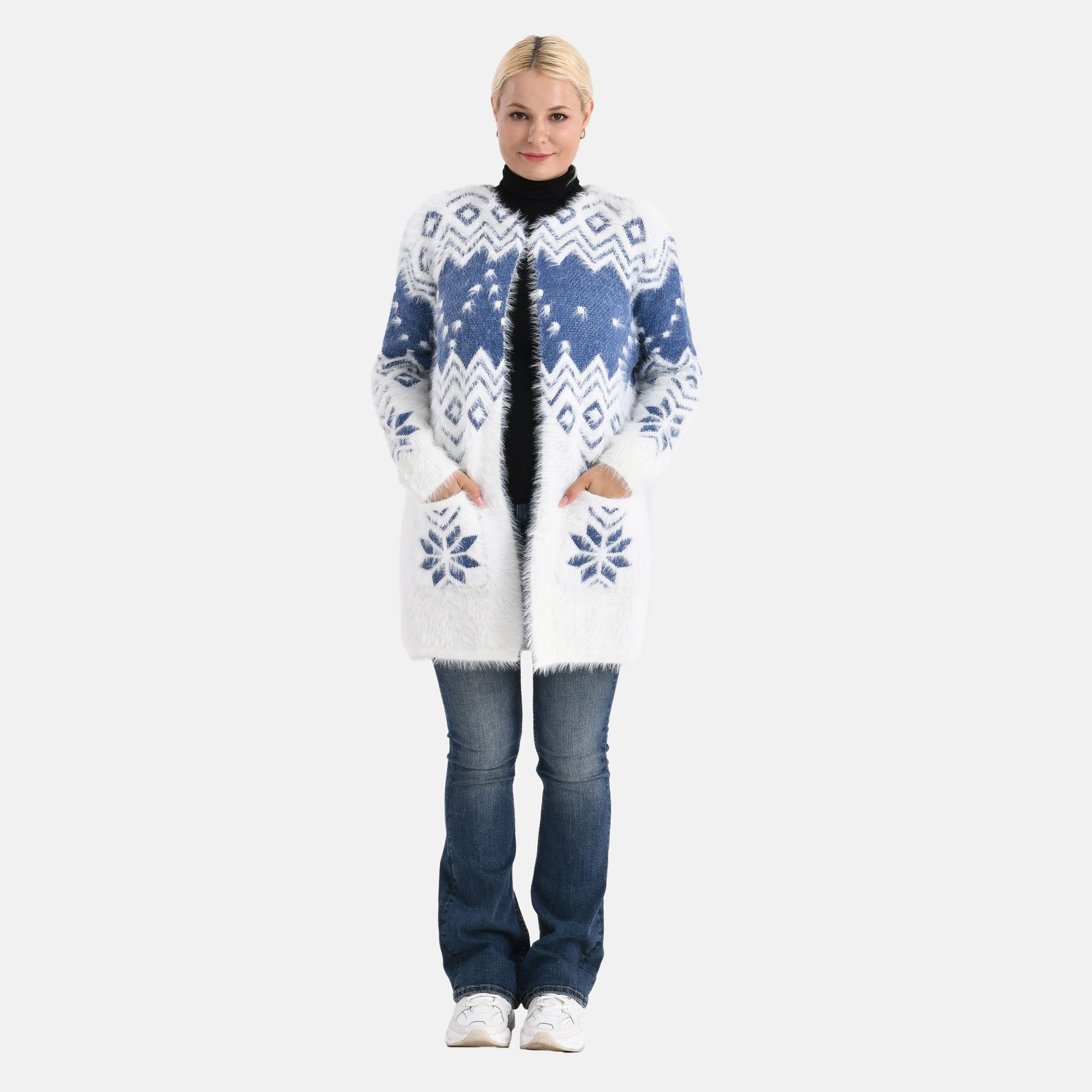 Cardigan mit abstraktem Blumenmuster und Taschen, One Size, Länge 78 cm, Blau