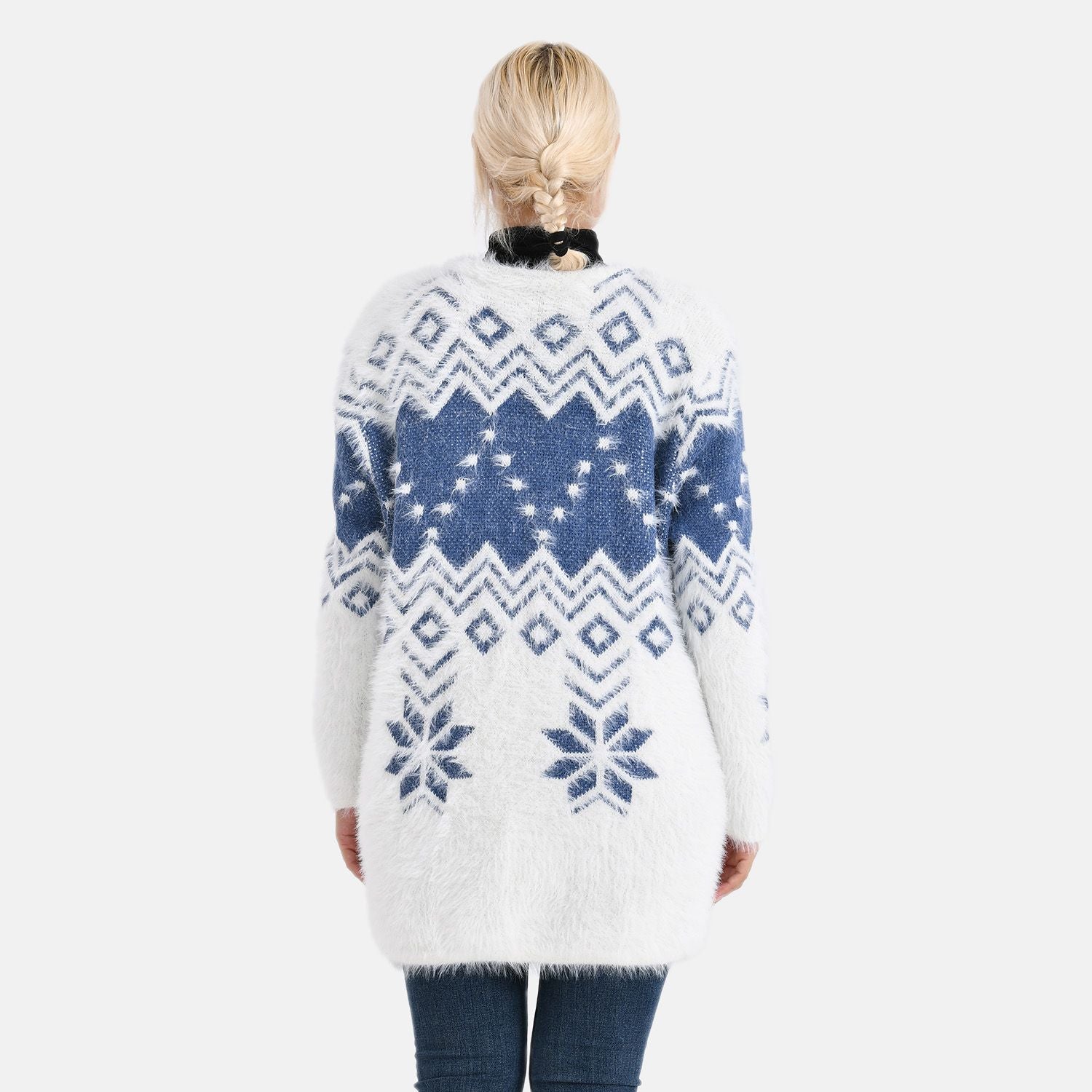 Cardigan mit abstraktem Blumenmuster und Taschen, One Size, Länge 78 cm, Blau