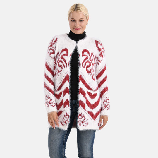 Cardigan mit abstraktem Blumenmuster und Taschen, One Size, Länge 78 cm, Rot