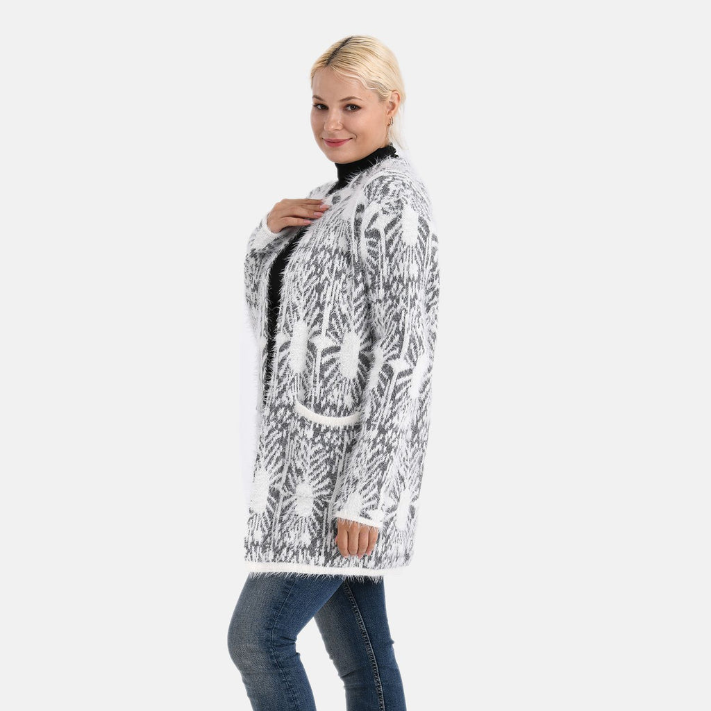 Cardigan mit abstraktem Blumenmuster und Taschen, One Size, Länge 78 cm, Grau