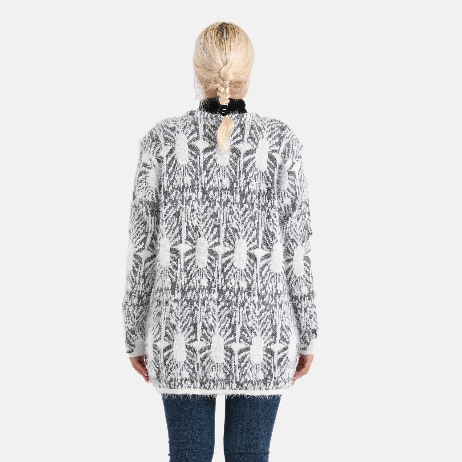 Cardigan mit abstraktem Blumenmuster und Taschen, One Size, Länge 78 cm, Grau