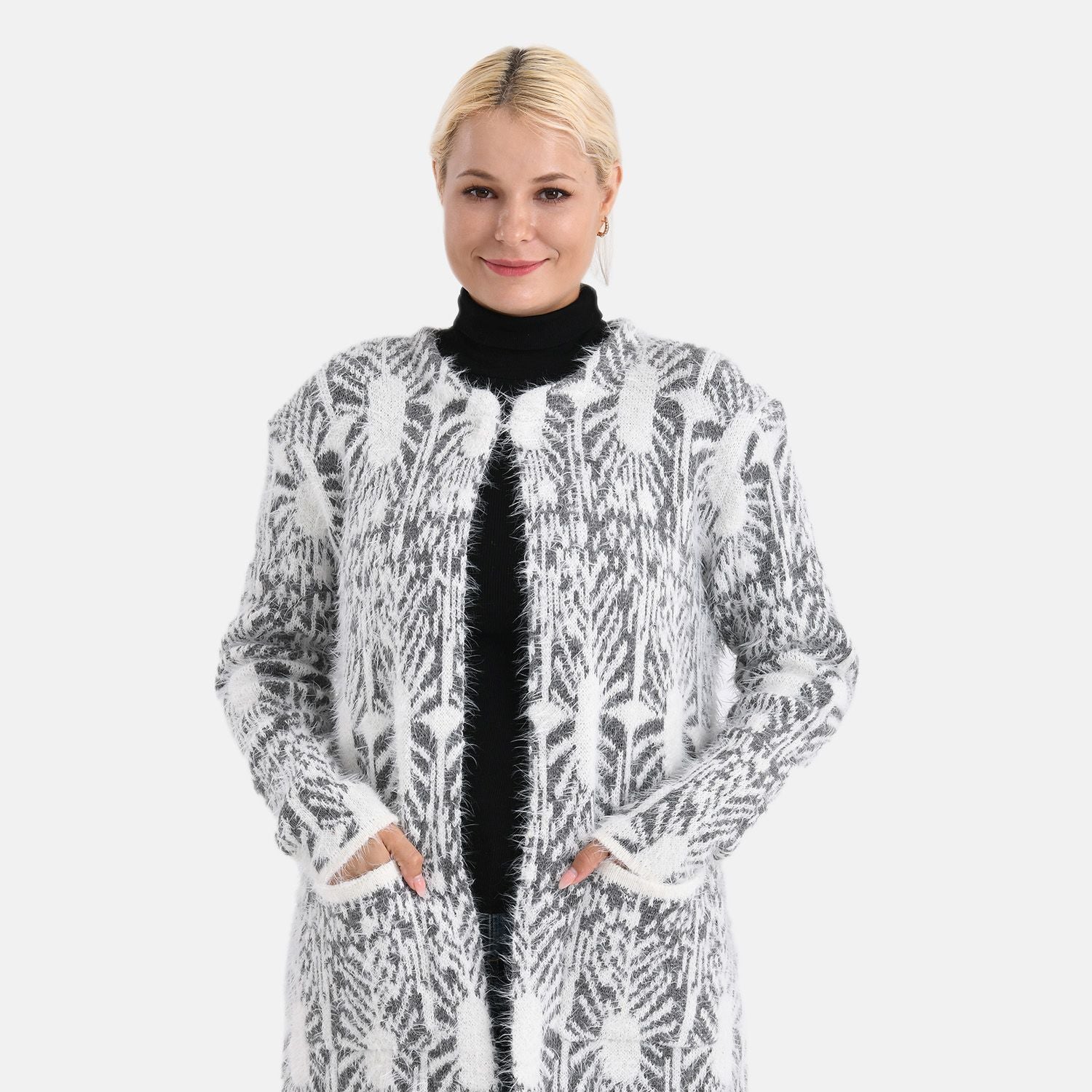 Cardigan mit abstraktem Blumenmuster und Taschen, One Size, Länge 78 cm, Grau