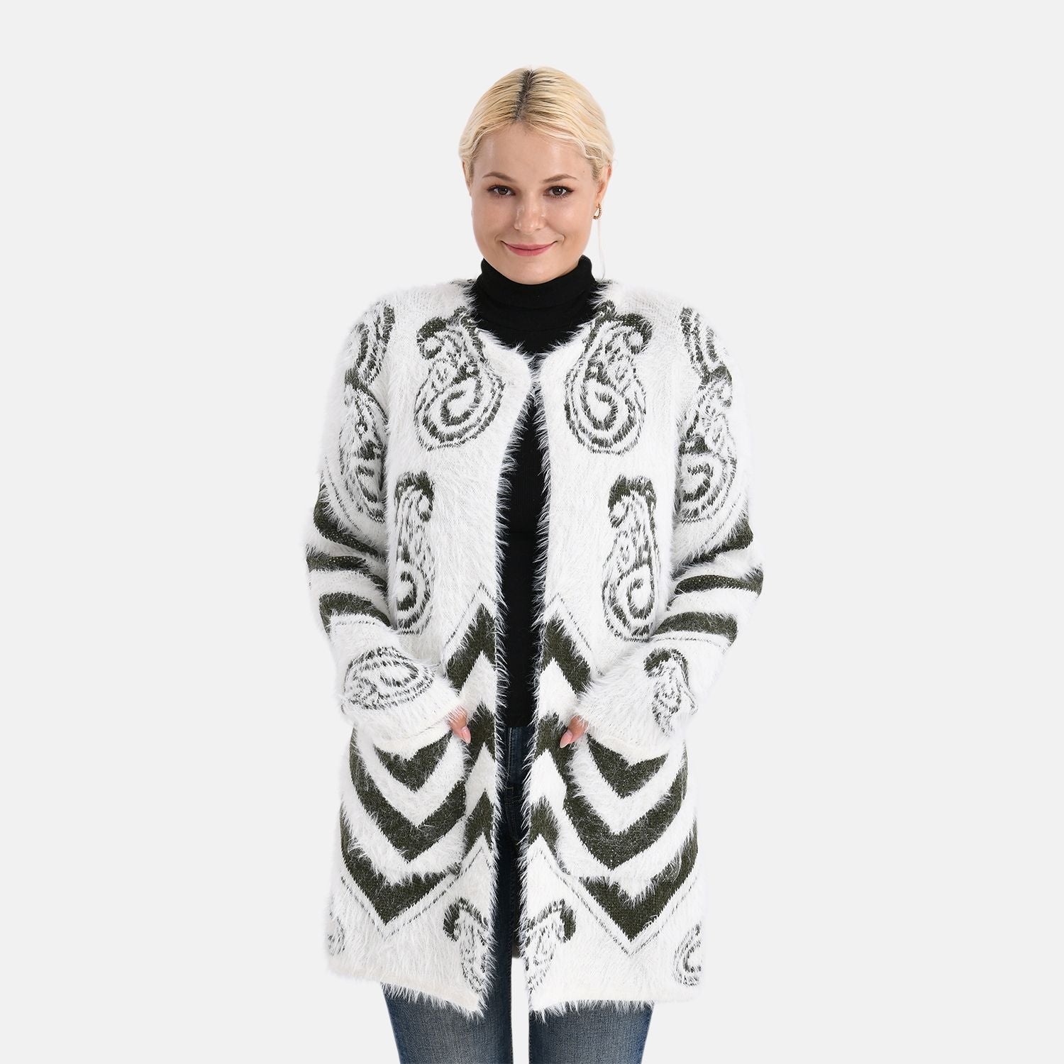 Gemusterter Cardigan mit Taschen, Einheitsgröße, Paisley-Muster, Tiefgrün