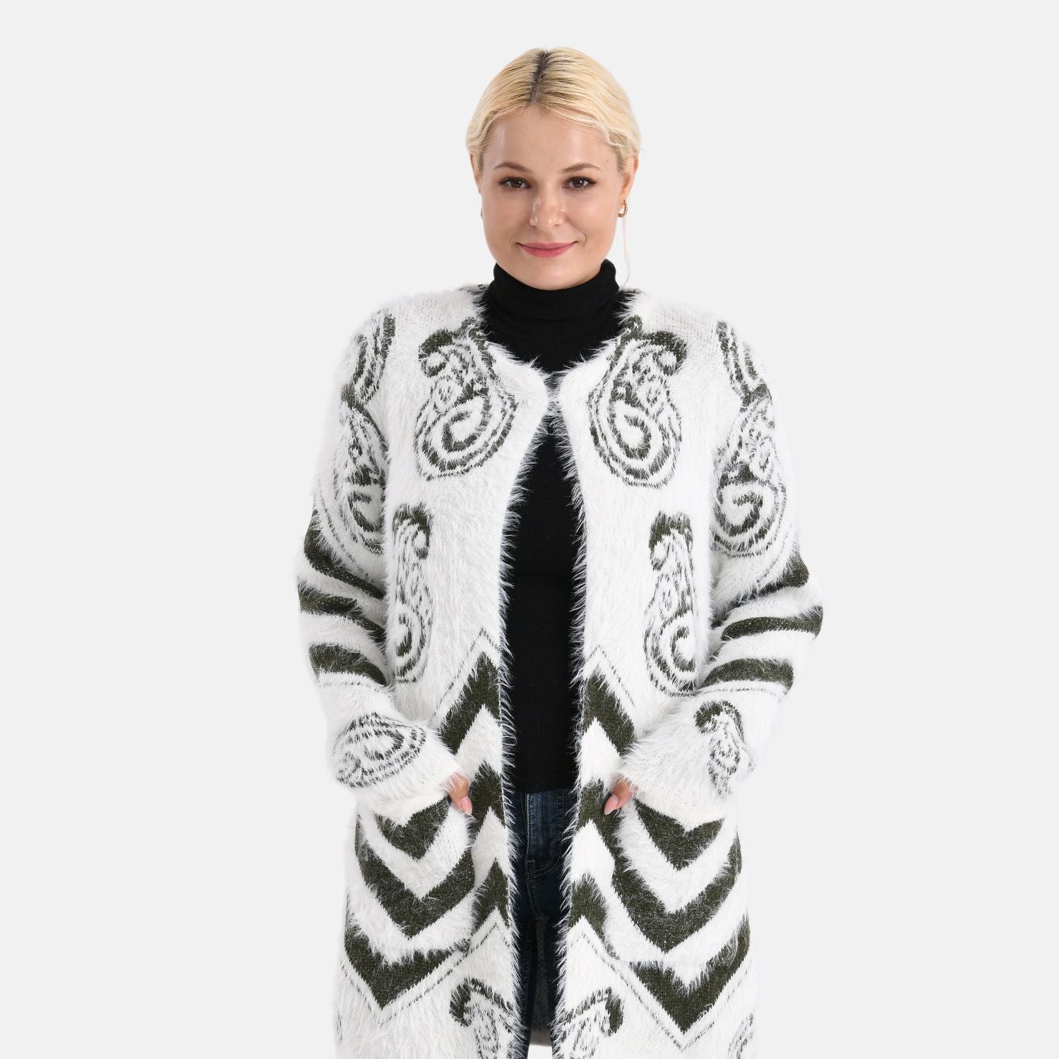Gemusterter Cardigan mit Taschen, Einheitsgröße, Paisley-Muster, Tiefgrün