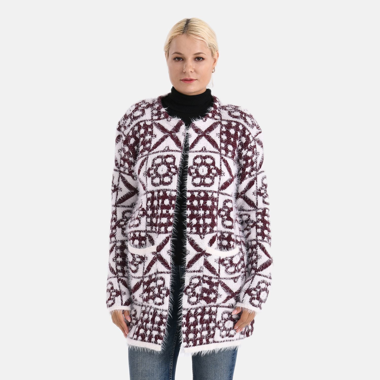 Gemusterter Cardigan mit Taschen, Einheitsgröße, Retro-Muster, Weinrot