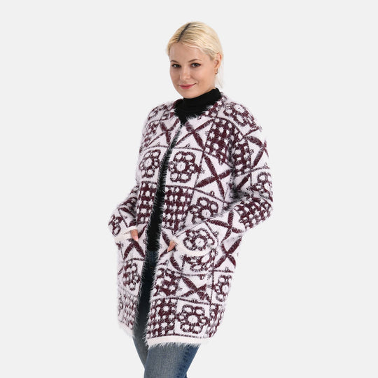 Gemusterter Cardigan mit Taschen, Einheitsgröße, Retro-Muster, Weinrot